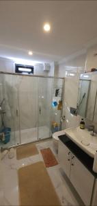 ein Bad mit einer Dusche, einem Waschbecken und einem WC in der Unterkunft Albatros in Büyükçekmece