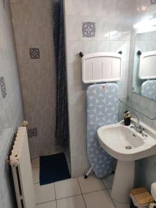een kleine badkamer met een wastafel en een douche bij De Vert et d'Or - proche gare - parking - jardin in Saint-Brieuc