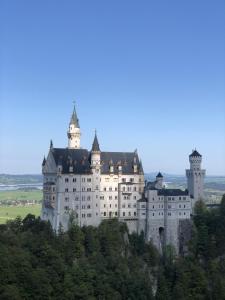 un castillo en la cima de una colina con árboles en Gästehaus Apollo, en Schwangau