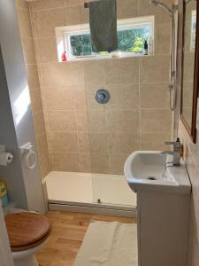 y baño con ducha y lavamanos. en Snipe Vineyard Cottage en Woodbridge