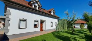 a white house with a green yard at Hisa Haasberg in Planina