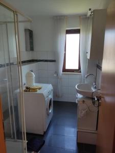 a bathroom with a washing machine and a sink at Unterkunft Mau in Rotenburg an der Wümme