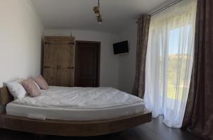1 dormitorio con cama y ventana grande en Pensiunea Lili’s House en Buchin