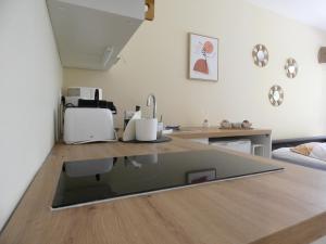 a kitchen with a counter top with a sink at Le Studio in Bénodet