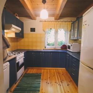 a kitchen with blue cabinets and a wooden floor at Domek letniskowy Ali in Przejma Wielka +43 photos