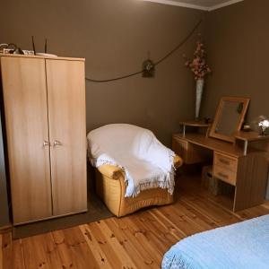 1 dormitorio con armario, silla y escritorio en Domek letniskowy Ali, en Przejma Wielka