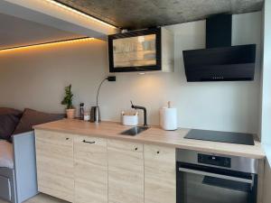 Kuchyň nebo kuchyňský kout v ubytování Cosy studio 600m from centrum!