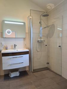 a bathroom with a sink and a shower at Haus Freija in Sehestedt