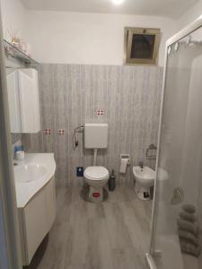 y baño con aseo, lavabo y ducha. en Appartamento in Garfagnana, en Castelnuovo di Garfagnana