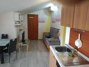 cocina y sala de estar con sofá y lavamanos en Appartamento in Garfagnana, en Castelnuovo di Garfagnana