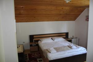 1 dormitorio con 1 cama con techo de madera en Casa Erika, en Moieciu de Sus