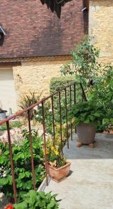 um jardim com uma escada e um pote de plantas em Chez Sylvie em Excideuil