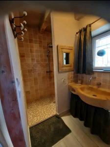 uma casa de banho com um lavatório e um chuveiro em Chez Sylvie em Excideuil