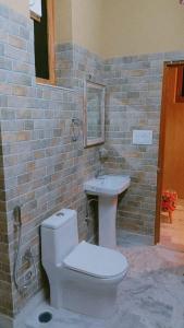 a brick bathroom with a toilet and a sink at Chinkara Resorts Bishnoi Village in Jodhpur