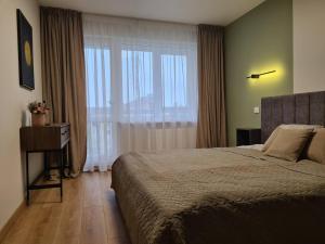 um quarto com uma cama e uma grande janela em Samanų apartamentai em Šiauliai