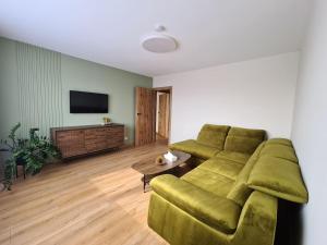 een woonkamer met een groene bank en een televisie bij Samanų apartamentai in Šiauliai