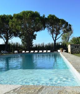 a swimming pool with chairs and trees in the background at Parkhotel Montigeto in Passignano sul Trasimeno