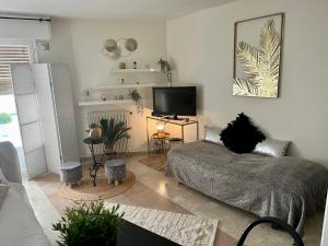 sala de estar con cama y TV de pantalla plana en Cosy résidence du port, en Cannes