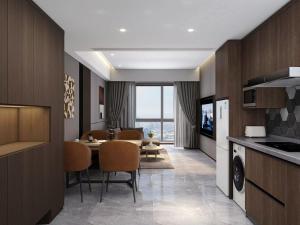 uma cozinha e sala de jantar com mesa e cadeiras em Shi Lai De Executive Apartments em Dongguan