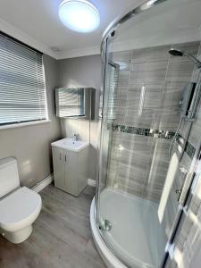 a bathroom with a shower and a toilet and a sink at Exeter Road Rooms in South Norwood