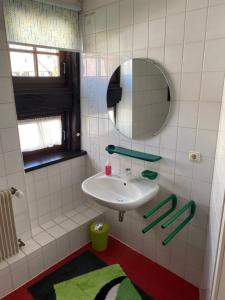 baño con lavabo, espejo y alfombras verdes en Haus der Begegnung, en Schieder-Schwalenberg