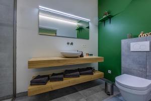 uma casa de banho com um lavatório, um WC e um espelho. em Bleekhoeve em Olen