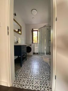 a bathroom with a shower and a sink and a toilet at Mazurskie Energie dom ekologiczny całoroczny in Stare Juchy