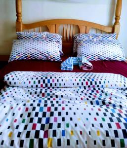 1 cama con manta a cuadros y 2 almohadas en Kampala Ntinda Comfy Holiday Home, en Kampala
