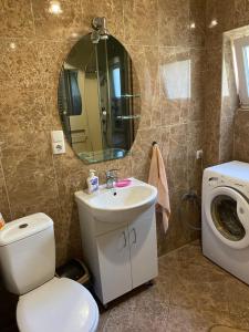 y baño con aseo, lavabo y espejo. en Будинок для відпочинку Патріція, en Beregovo