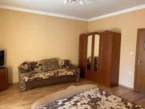 uma sala de estar com um sofá e uma televisão em Будинок для відпочинку Патріція em Berehove