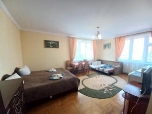 1 dormitorio con 1 cama y sala de estar en Hercules en Truskavets