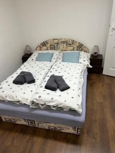 a bed with two pillows on it in a bedroom at Kondé Apartments A in Dunajská Streda