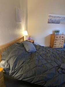 a bedroom with a bed with a lamp and a dresser at Whitchurch Shropshire Town duplex flat in Whitchurch