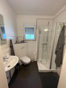 a bathroom with a shower and a toilet and a sink at Großzügige Wohnung in Lüdenscheid