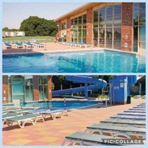 two pictures of a swimming pool and a building at The James Lodge in Little Clacton