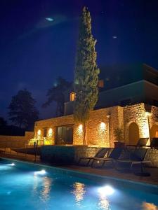 una casa con piscina por la noche en Hôtel Villa Walbaum, en Vallon-Pont-dʼArc