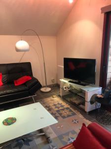 a living room with a couch and a flat screen tv at La Maison aux Volets Rouges in La Ferté-Beauharnais