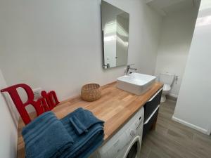 een badkamer met een wastafel en een spiegel bij Gîte Le Ballandeau in Ballan-Miré