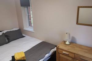 a bedroom with a bed and a mirror and a dresser at Netherton Studio Apartment 2 in Llandrillo-yn-Rhôs