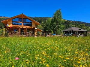a log cabin in a field of grass and flowers at La Căsuță in Vatra Dornei