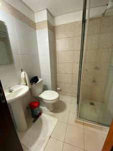 a bathroom with a toilet and a sink and a shower at HERMOSO DPTO DE 2 DORMITORIOS CON GARAGE PRIVADO in San Lorenzo