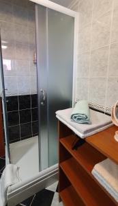 ein Bad mit einer Dusche und einer Theke mit einem Waschbecken in der Unterkunft Apartments Maxim in Tivat