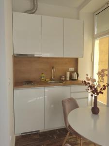 a white kitchen with a table and a sink at Studio apartman Mara in Imotski