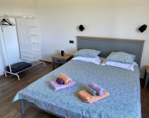 a bedroom with two beds with towels on them at La Casa di Nonno in Belej