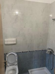 y baño con aseo blanco y ducha. en Vlora Stadium 2 BR Central Apartment, en Vlorë