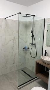 eine Dusche mit Glastür im Bad in der Unterkunft Columna residence in Floreşti