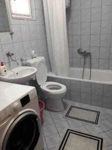 a bathroom with a toilet and a sink and a washing machine at Apartman u Kuci u Konjicu in Konjic