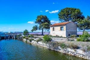 una casa vieja junto a un río con árboles en MAS de COLOMINA Aigues-Mortes en Aigues-Mortes