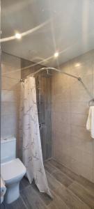 een badkamer met een douchegordijn en een toilet bij Sunny Lodge Dilijan in Dilidzjan