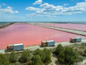 three trucks parked in front of a pink lake at Cabane CASSIOPEE Aigues- Mortes in Aigues-Mortes